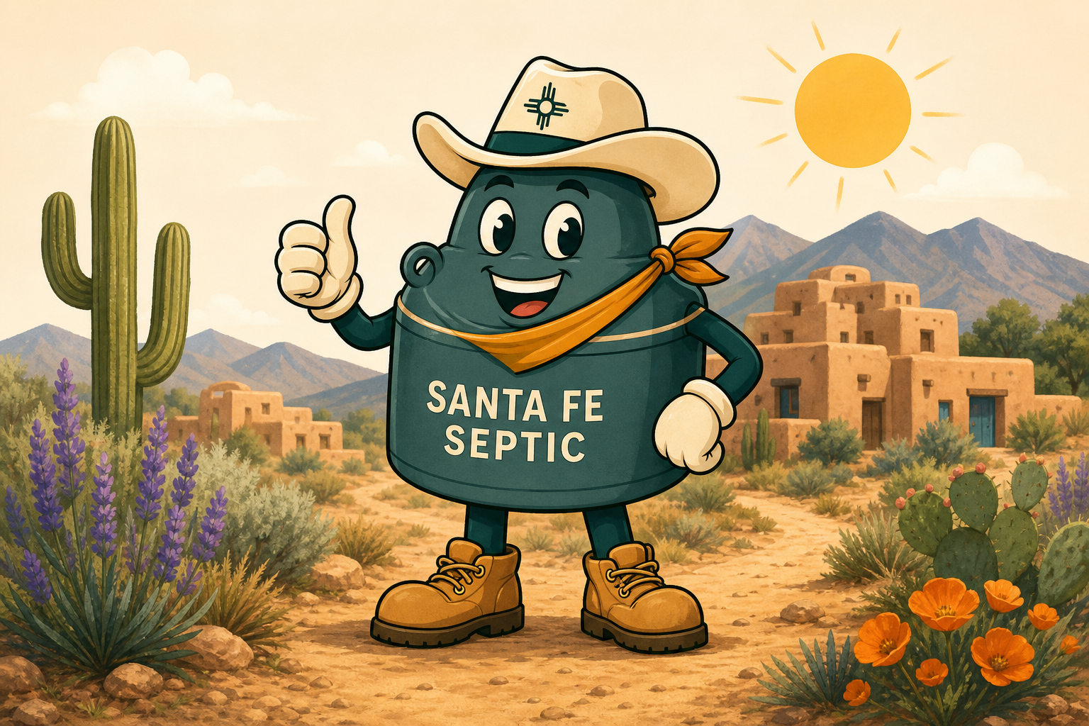 Santa Fe Septic mascot — friendly septic pro in a high-desert adobe landscape
